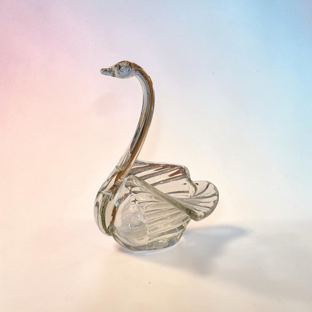 Vintage Clear Art Glass Swan Figurine 9.5" Hand Blown Ribbed Wing Bowl Dish MCM